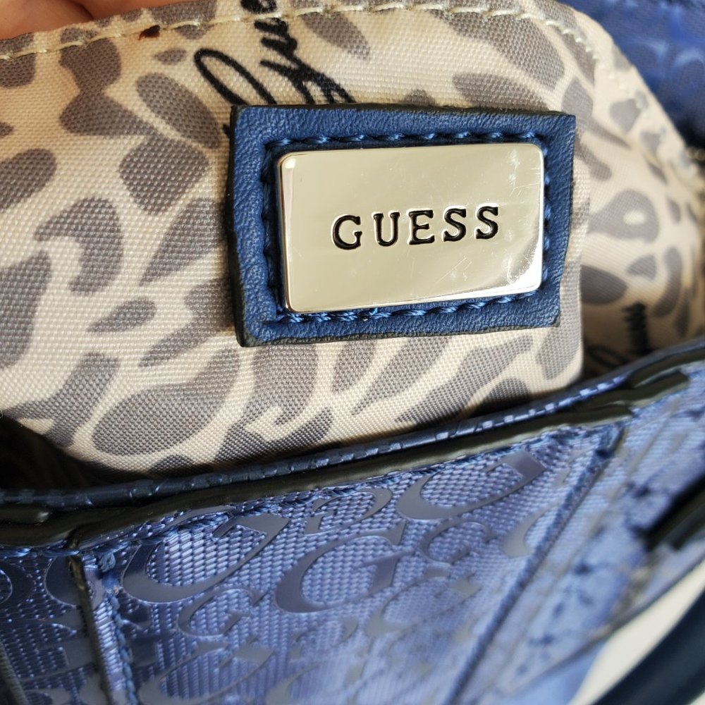 Authentic Classic Y2K GUESS Monogram Tote Cobalt Blue Glossy Silver Accents - Picture 8 of 8